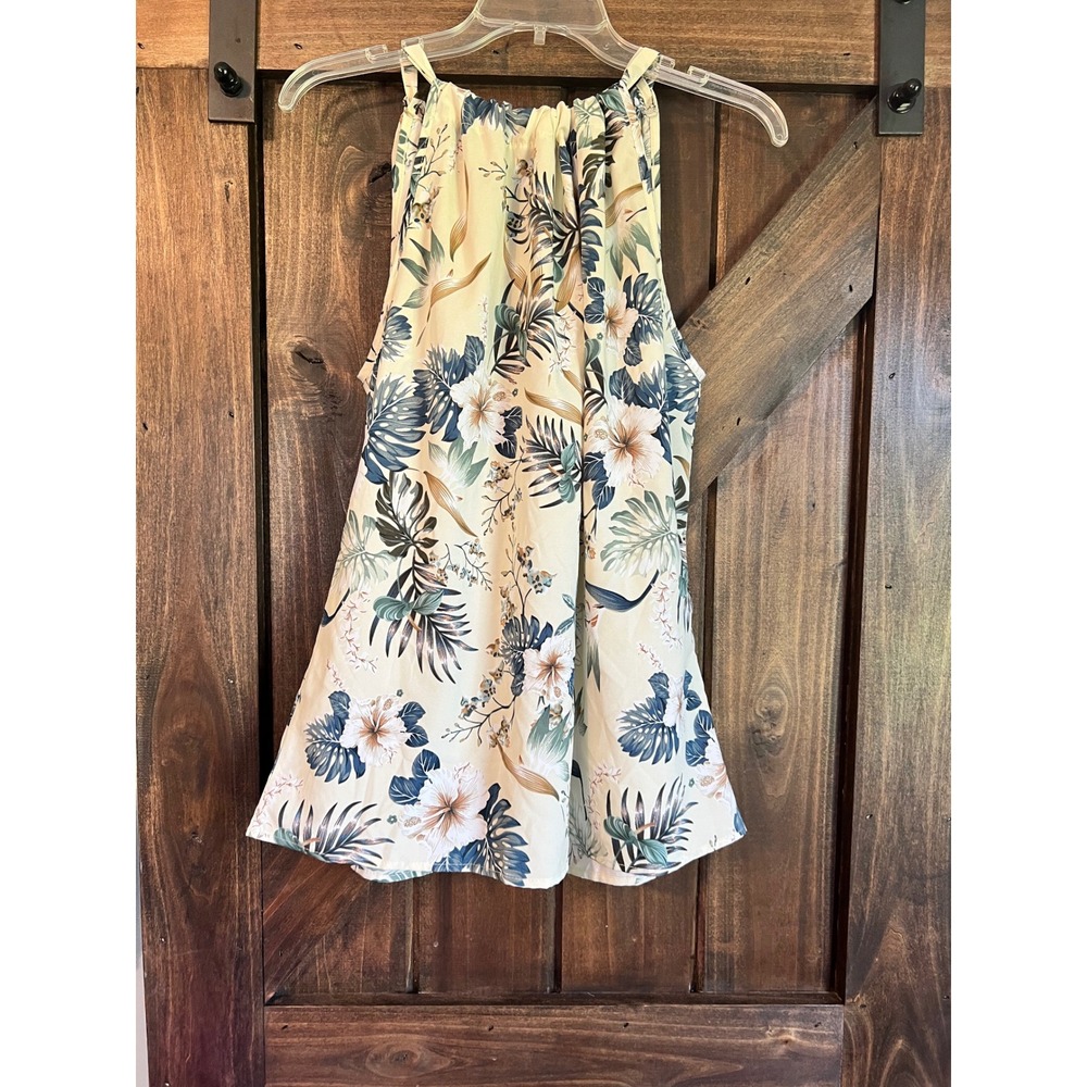 Tropical Floral Halter Neck‎ Sleeveless Blouse XXL Hibiscus Palm Print Bow Back